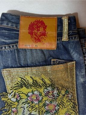 Ed Hardy Skull Head Jeans Blue Denim Button Fly rhinestones